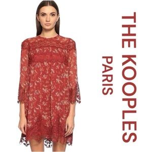 THE KOOPLES Birds of Paradise Burgundy & Lace Floral Mini Dress, Size S.